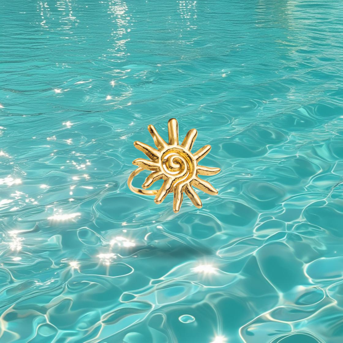 Bague Shemsa Bahari dorée réglable en forme de soleil, bijou style bohème pour femme.