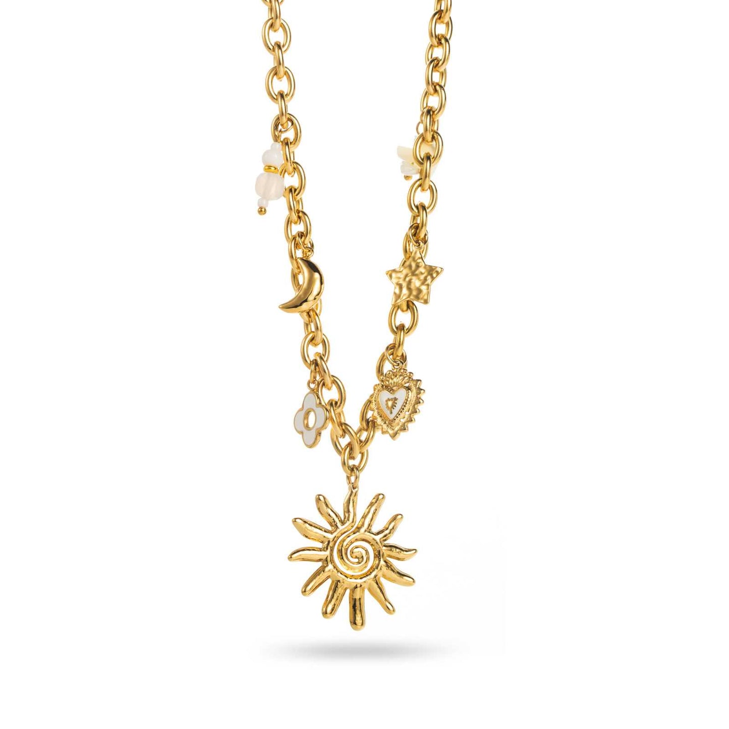 Collier doré Bahari avec charms soleil, lune et étoile, style élégant et tendance