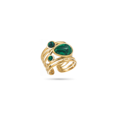 Bague Mouroud Bahari dorée avec pierre verte, style sophistiqué et original.
