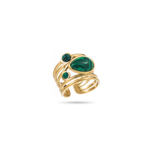 Bague Mouroud Bahari dorée avec pierre verte, style sophistiqué et original.
