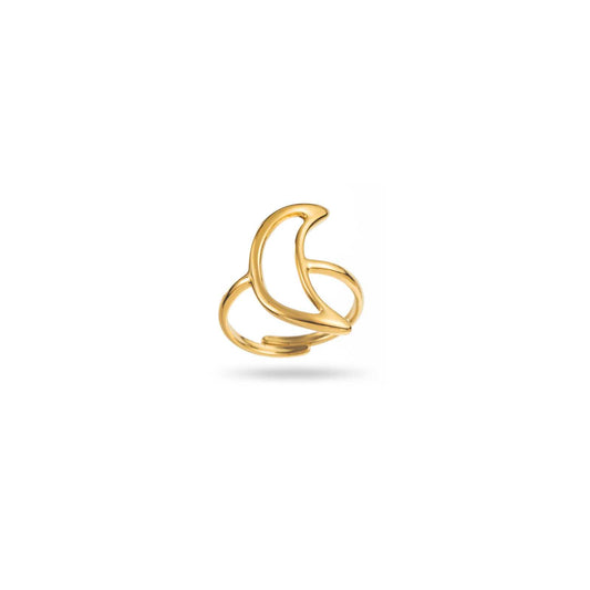 Bague Qamar Bahari dorée réglable en forme de lune croissant, bijou minimaliste céleste.