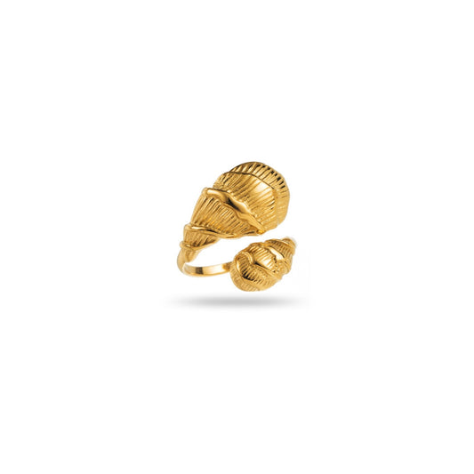 Bague Rocha Bahari dorée avec double coquillage, bijou marin élégant.