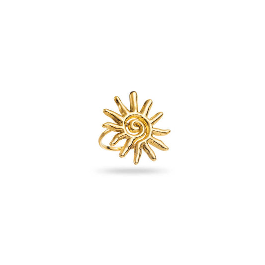 Bague Shemsa Bahari dorée réglable en forme de soleil, inspiration solaire et artistique.