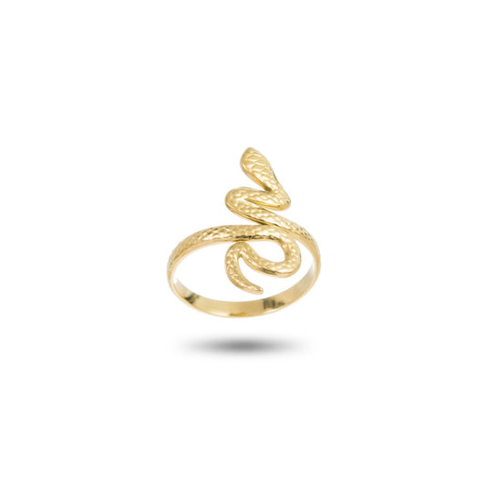 Bague Timin Bahari dorée en forme de serpent, design stylisé et tendance.