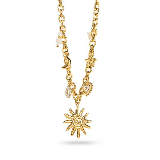 Collier doré Bahari avec charms soleil, lune et étoile, style élégant et tendance