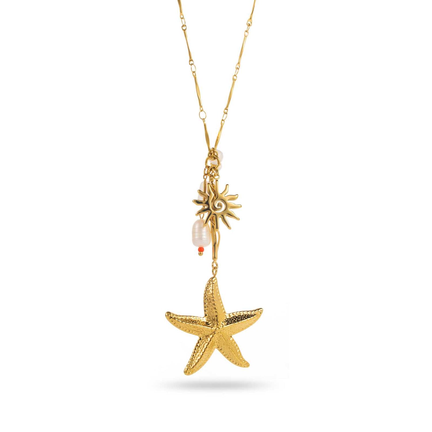 Collier doré Bahari avec pendentifs étoile de mer, soleil et perle – bijou fantaisie marin