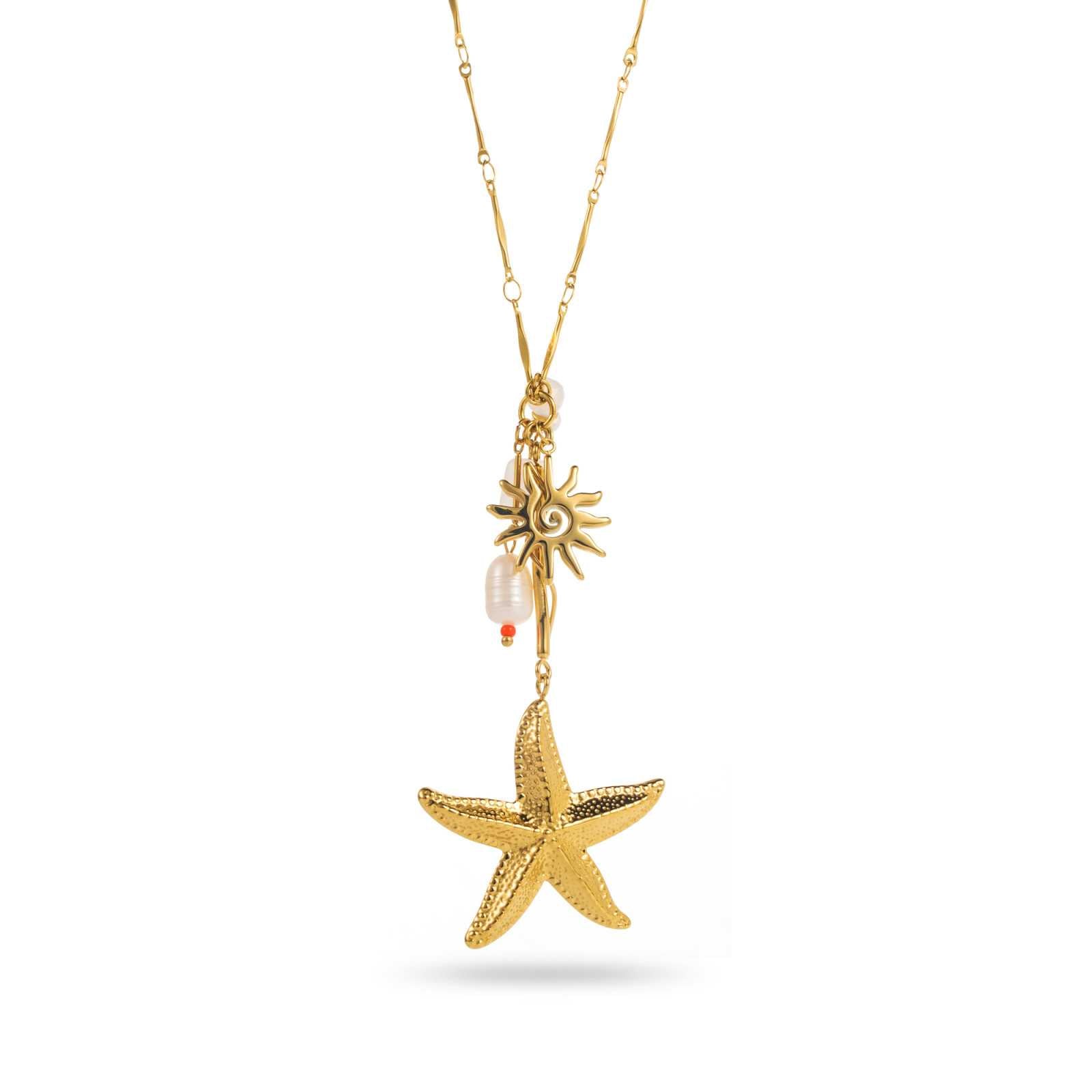 Collier doré Bahari avec pendentifs étoile de mer, soleil et perle – bijou fantaisie marin