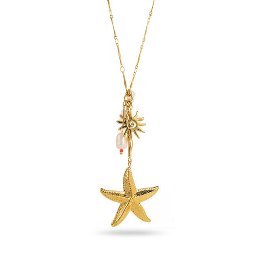 Collier doré Bahari avec pendentifs étoile de mer, soleil et perle – bijou fantaisie marin